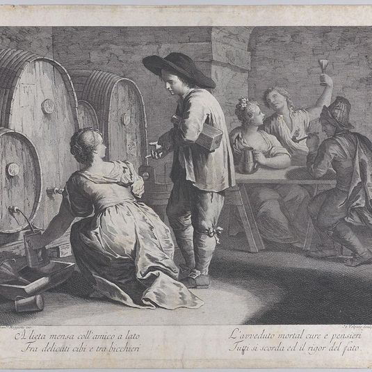 A barmaid filling mugs at left, a man holds a bottle at center, and three people sit at a table drinking at right