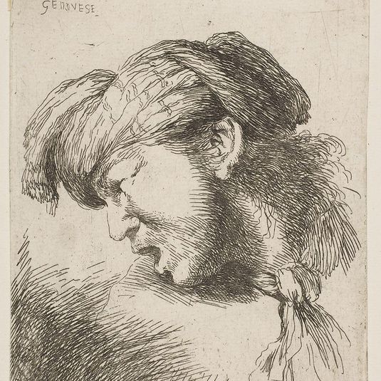 Man wearing a turban, a tie fastened around his neck, facing left, from the series of 'Small Heads in Oriental Headdress'