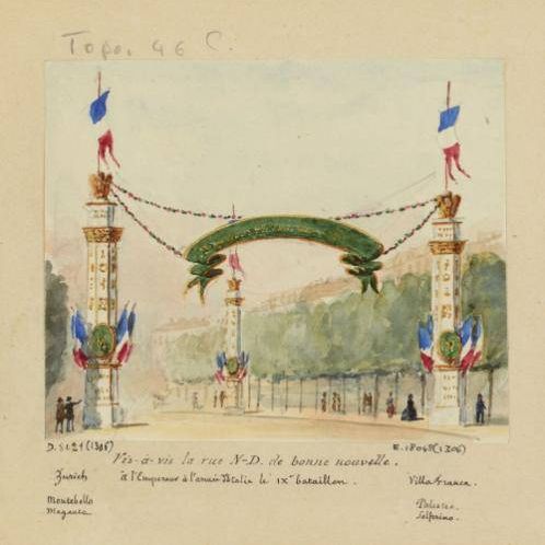Rentrée à Paris de l'armée d'Italie le 14 août 1859 : vis-à-vis la rue Notre-Dame de bonne nouvelle [...].