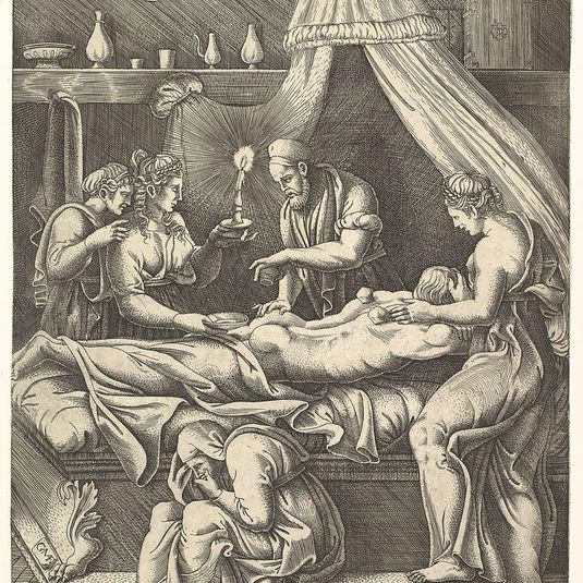 An allegory of sickness, man laying prostrate on a bed surrounded by figures