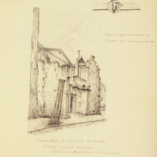 [le Vieux Paris] L’ancien Hôtel de Coislin, rue Grenata à l’angle de la rue Dussoubs, 1899. Détail sculpté au desus de la porte de la cour du 41, rue Grenata