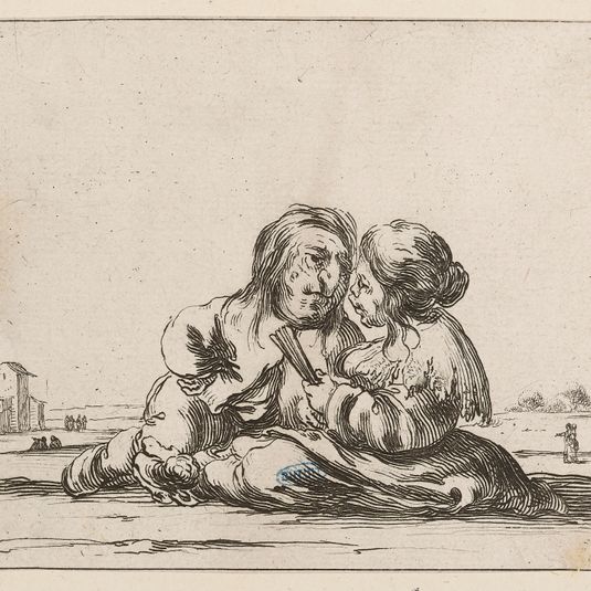Une jeune naine avec un éventail dans la main gauche et un vieux nain tenant sa main droite sur la hanche, assis par terre, l'un près de l'autre. Septième numéro d'une suite de 13 pièces