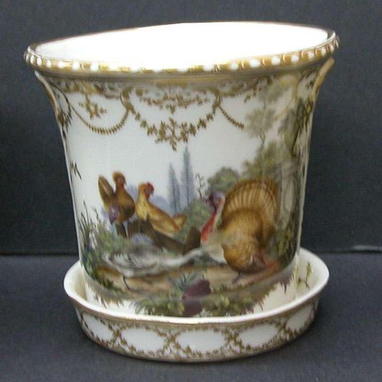 Three flowerpot containers (cache-pots) and stands