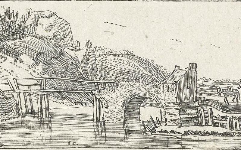 Man driving a donkey towards a bridge