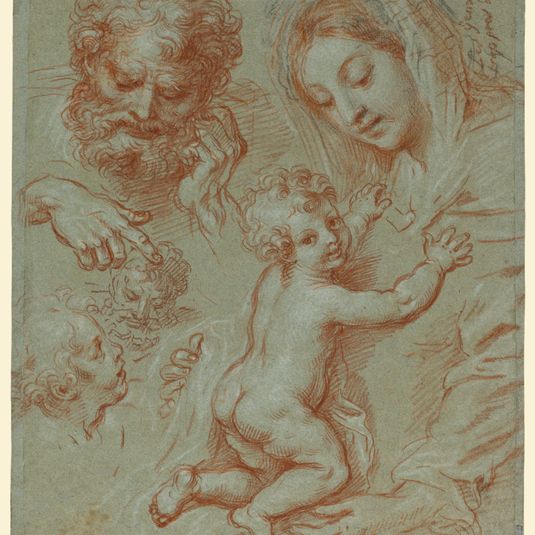 Studies of the Madonna and Child and of Heads (recto); Madonna and Child with Saint John Seated in a Landscape (verso)